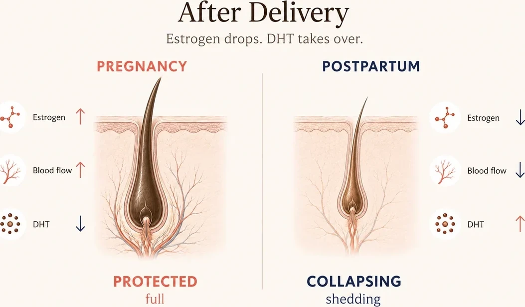 Diagram: pregnancy protected follicle vs postpartum collapsing follicle
