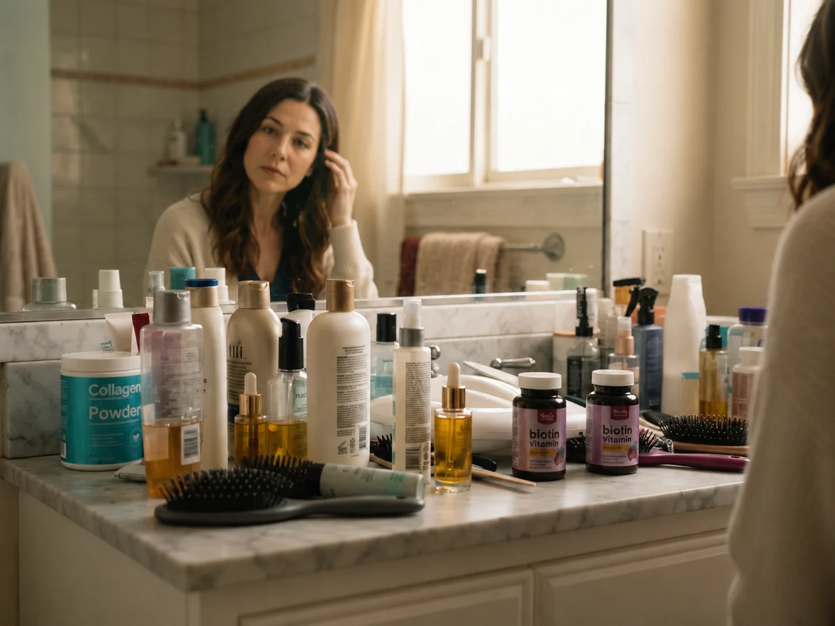Kayla's bathroom counter covered in supplements, oils and sprays